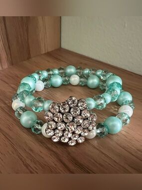 Aqua Crystal Stretch Bracelet with Rhinestone Floral Accent - Handcrafted